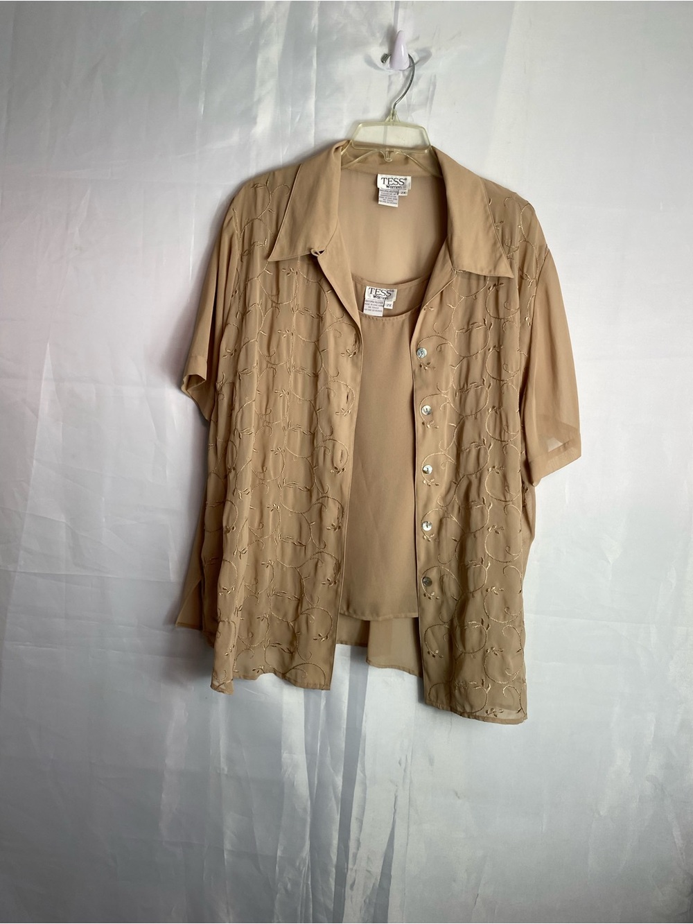Beige Short-Sleeve Embroidered Button Front Blouse Set